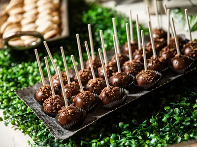 Czekoladowe cake pops na patyczkach ułożone na tacy wśród zieleni na słodkim stole