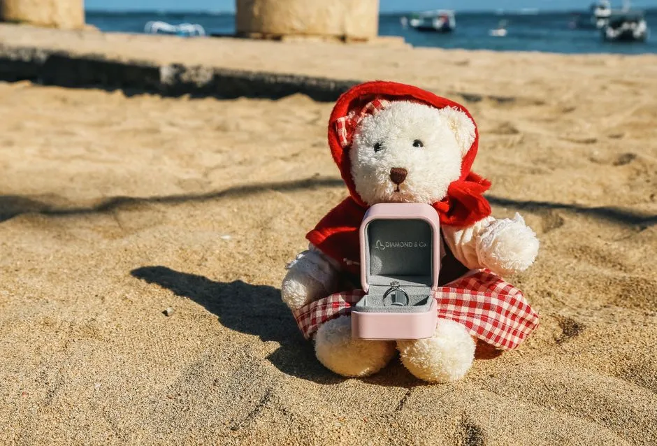 Pluszowy miś z pudełkiem na pierścionek na plaży