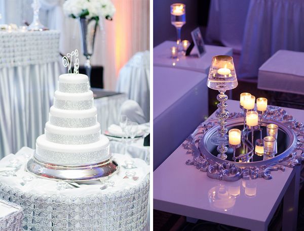 Srebrny tort i dekoracje weselnego stołu